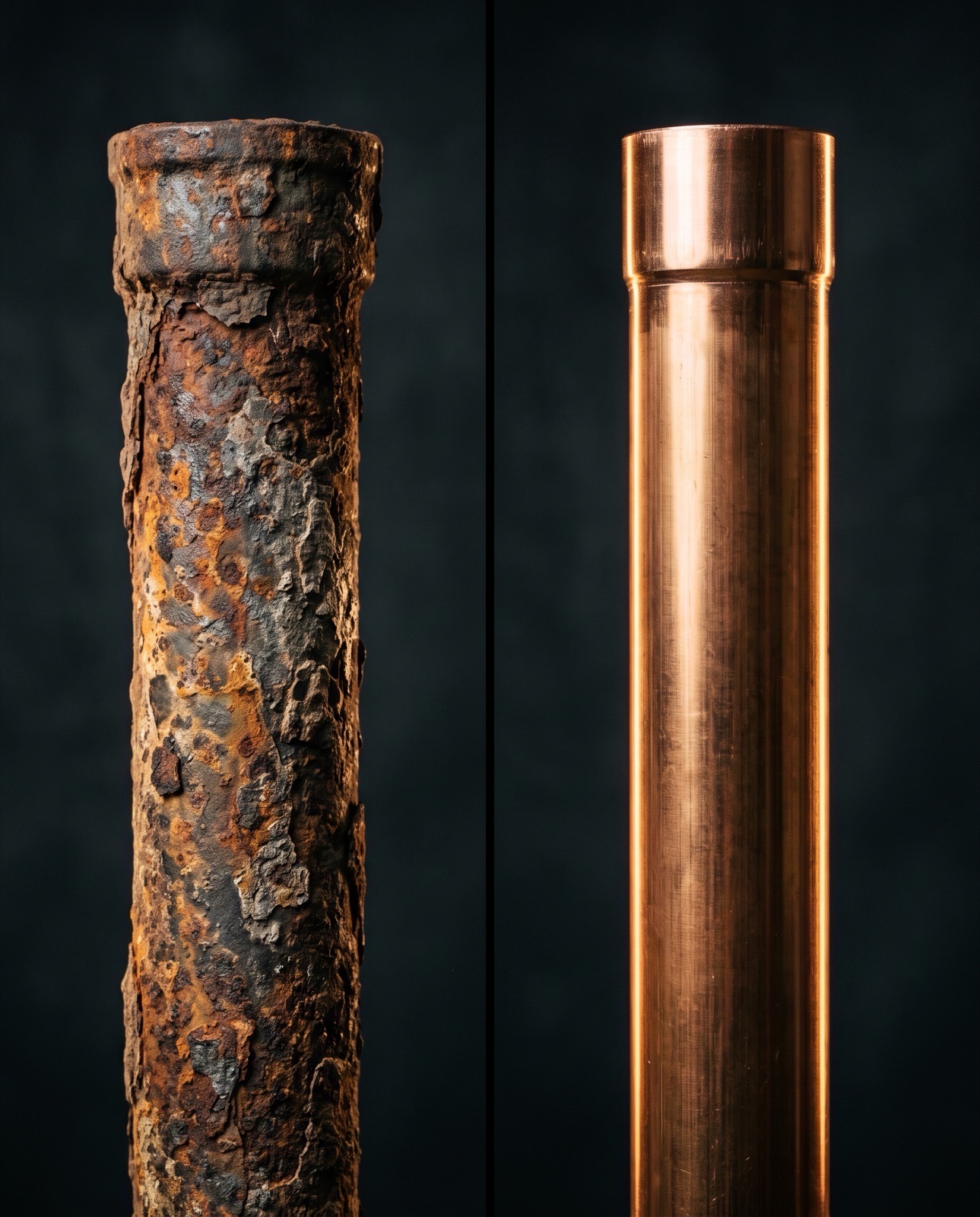 Corroded old pipe next to new copper