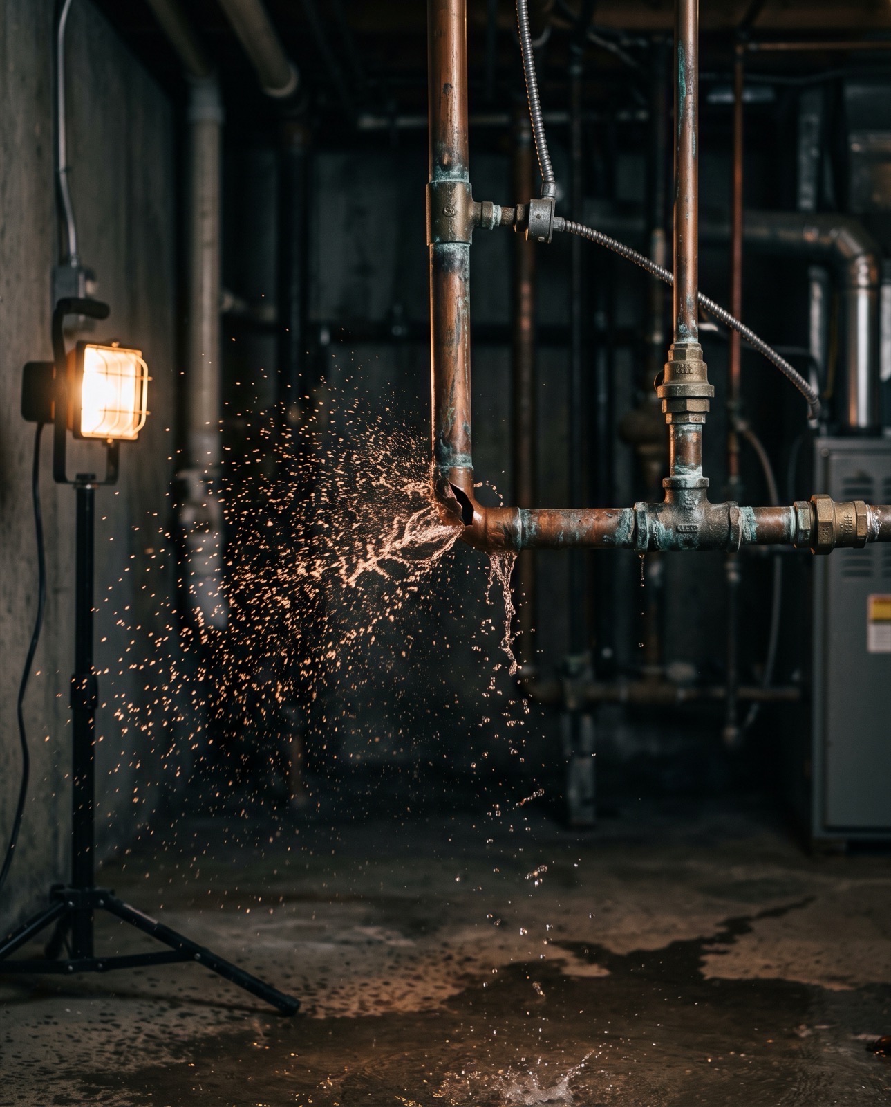 Burst copper pipe spraying water in a basement
