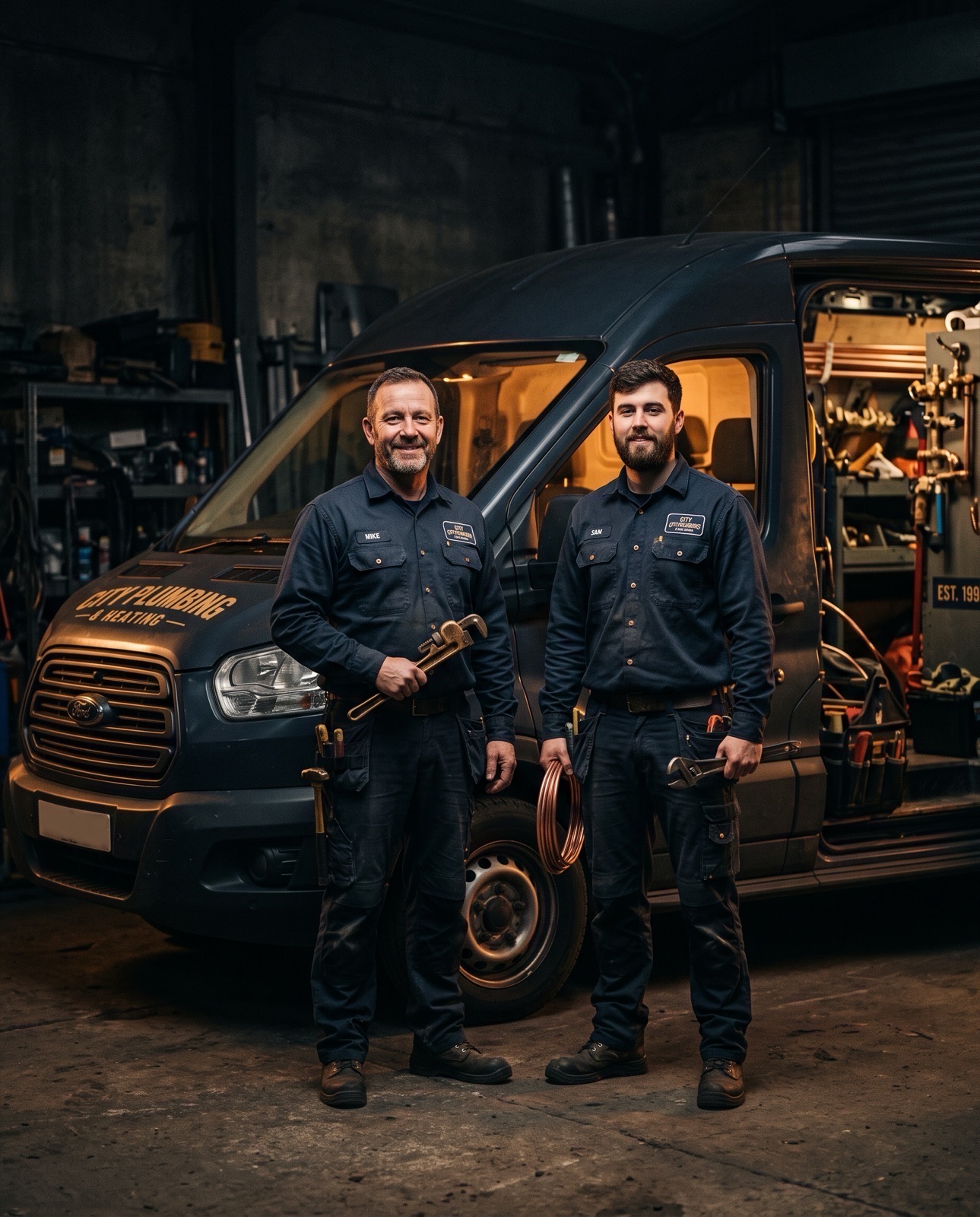 Mike and Danny Reyes beside the fully stocked Apex service van