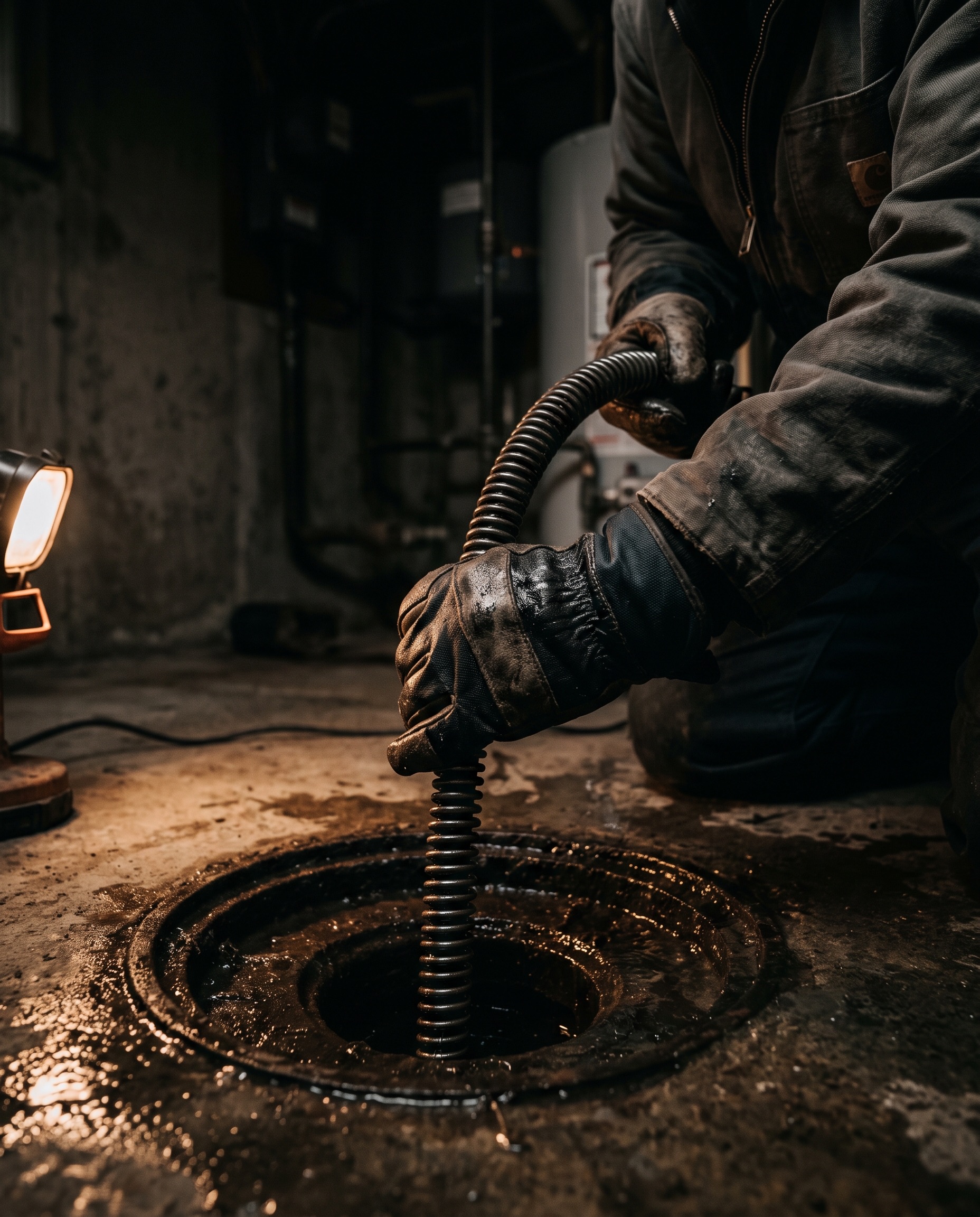 Plumber feeding a drain auger into a floor drain