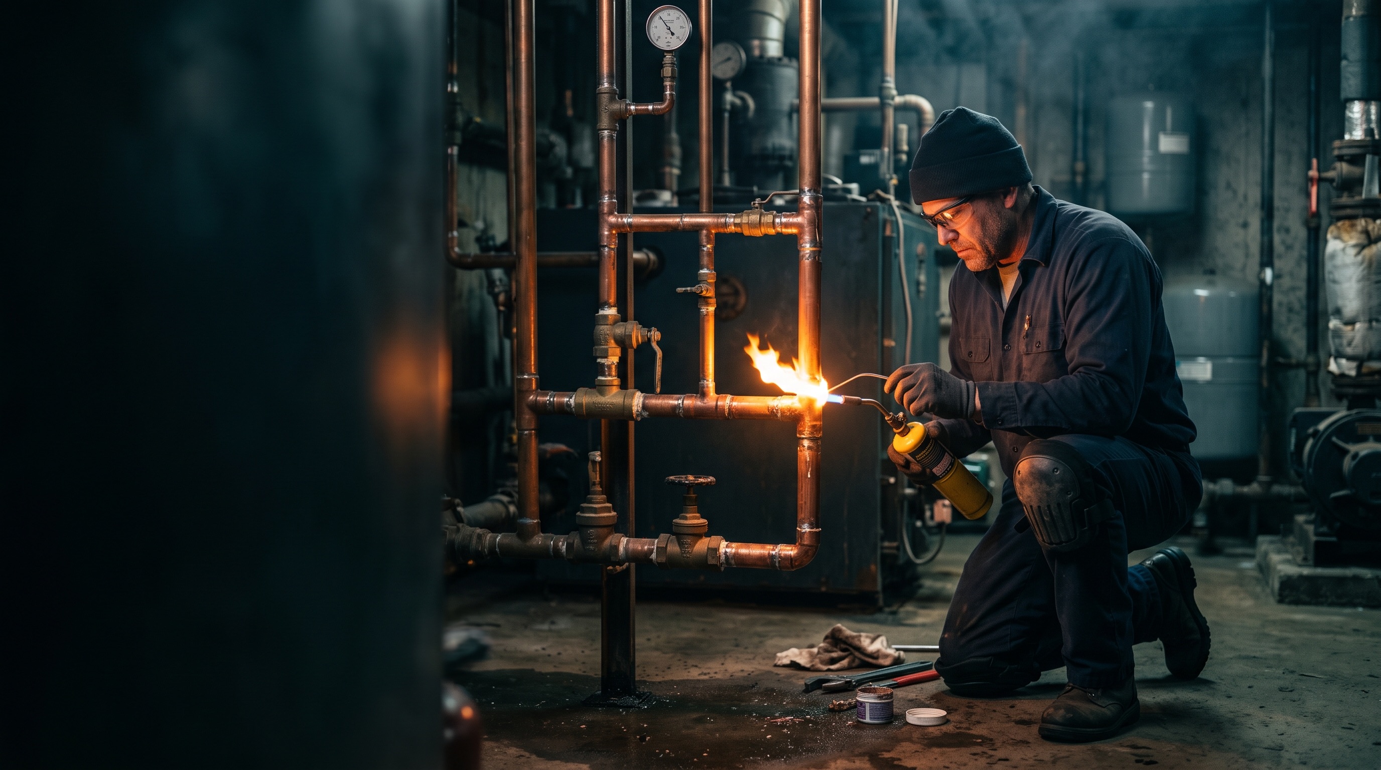 Apex master plumber soldering copper pipe in a Colorado Springs mechanical room