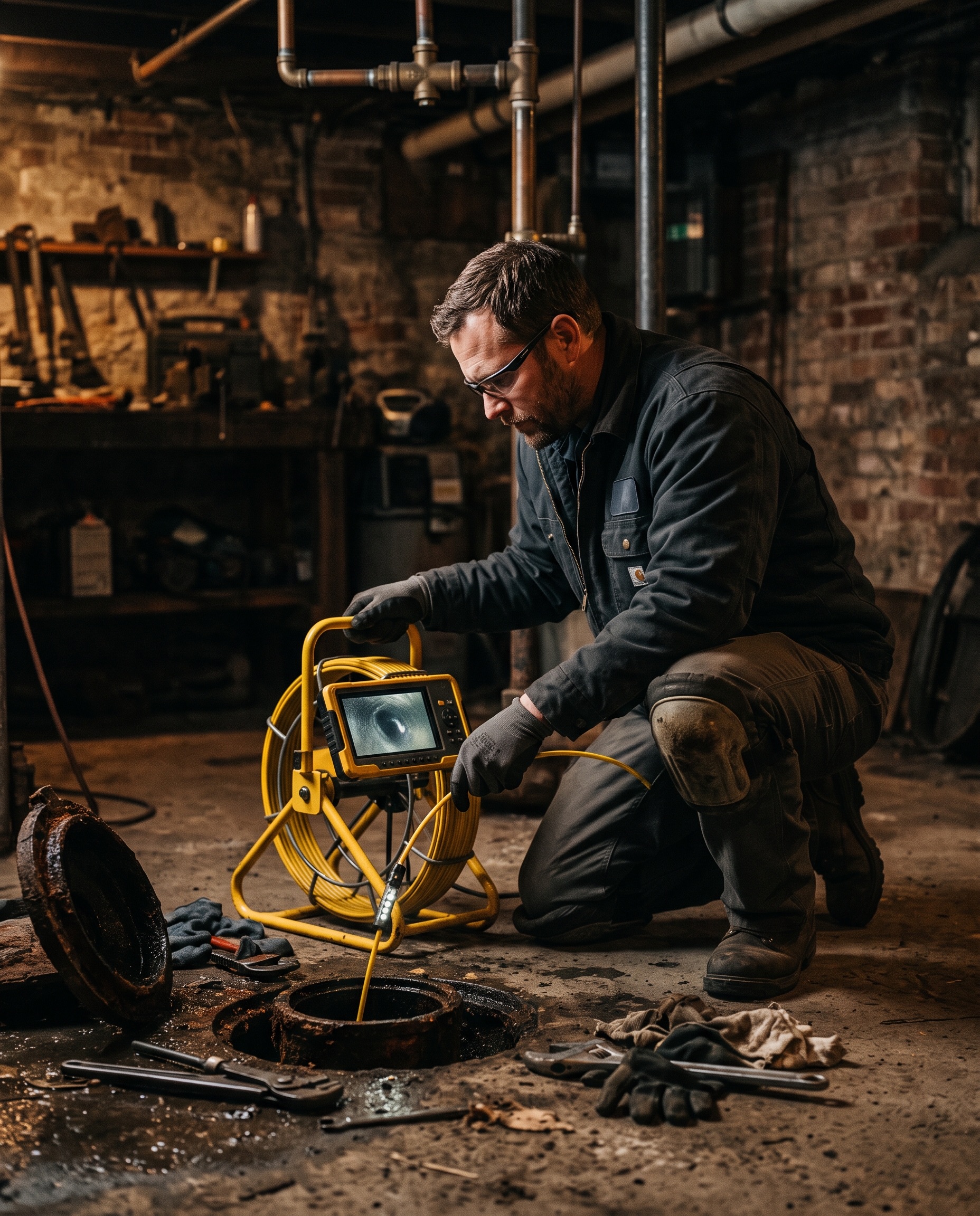 Plumber running an HD sewer inspection camera